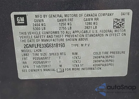 2016 Chevrolet Equinox Lt z USA, uszkodzony, nr VIN 2GNFLFE33G6318193